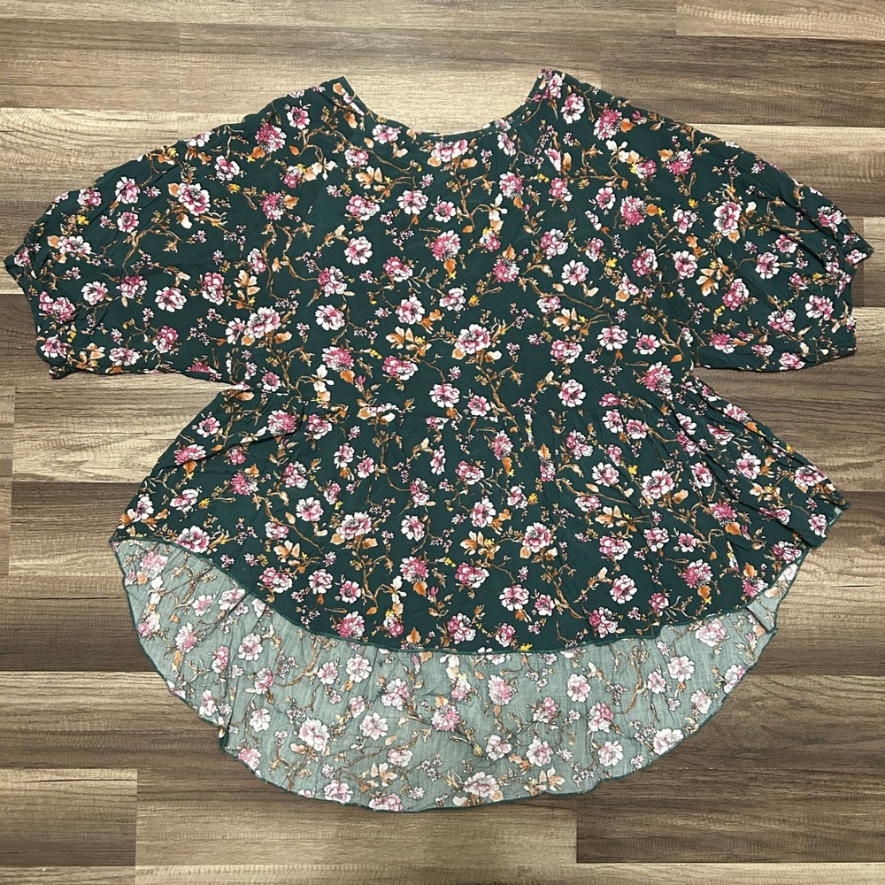 Altar'd State Blouse L Green Pink Peplum Floral Babydoll Top Cottagecore Boho